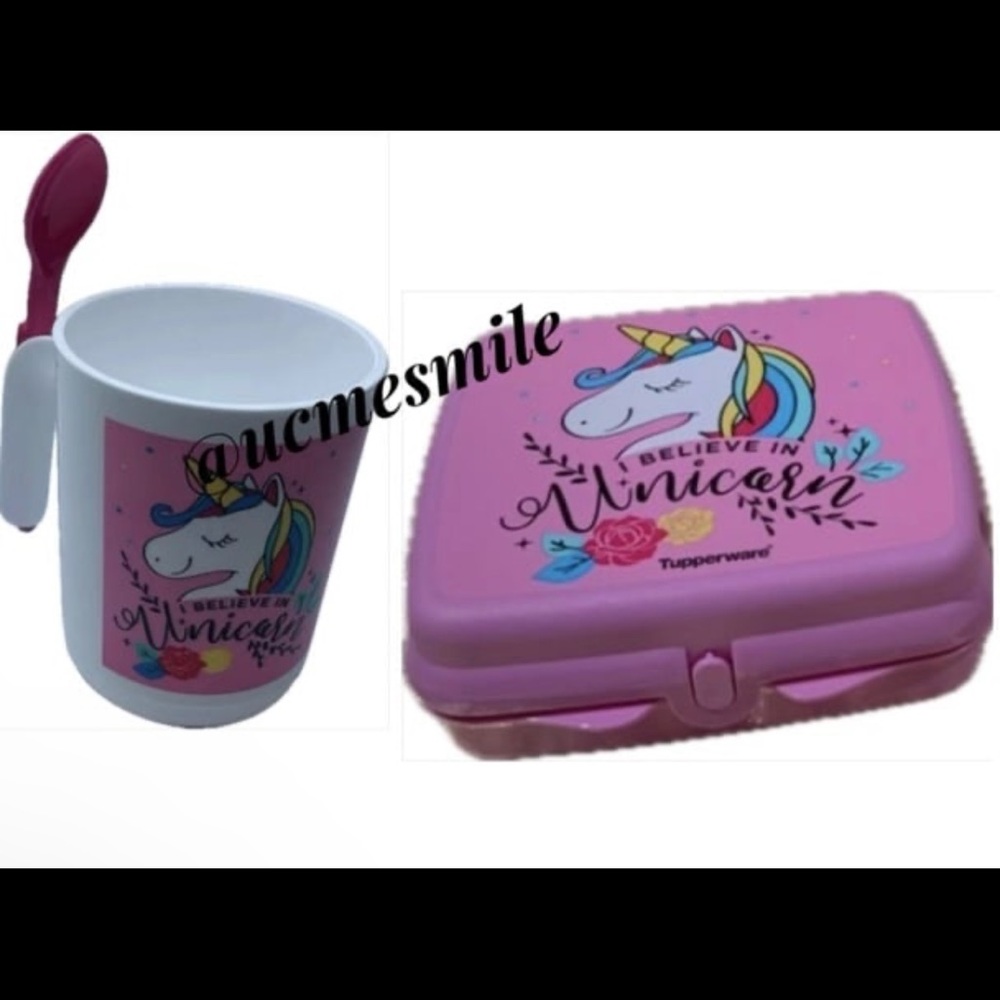 Tupperware Ilumina Freestyle Unicorn Cup w/Hang On Spoon & Sandwich Keeper Set